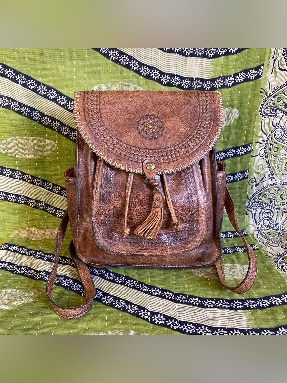 Patricia Nash Distressed Cognac Jovanna Embossed Leather Backpack Western Boho
